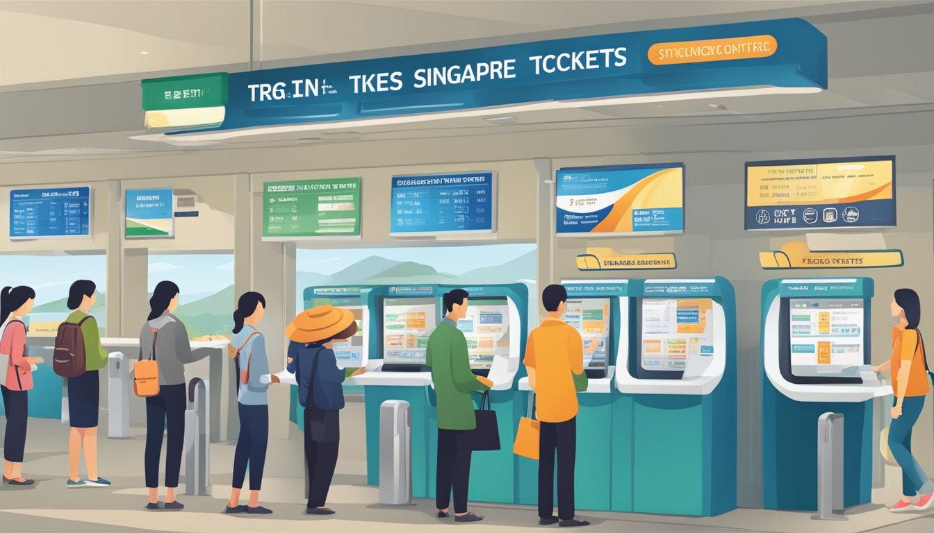 Passengers line up at ticket counter, electronic kiosks, and customer service desk. Signs display "Frequently Asked Questions" for buying train tickets to Singapore from JB