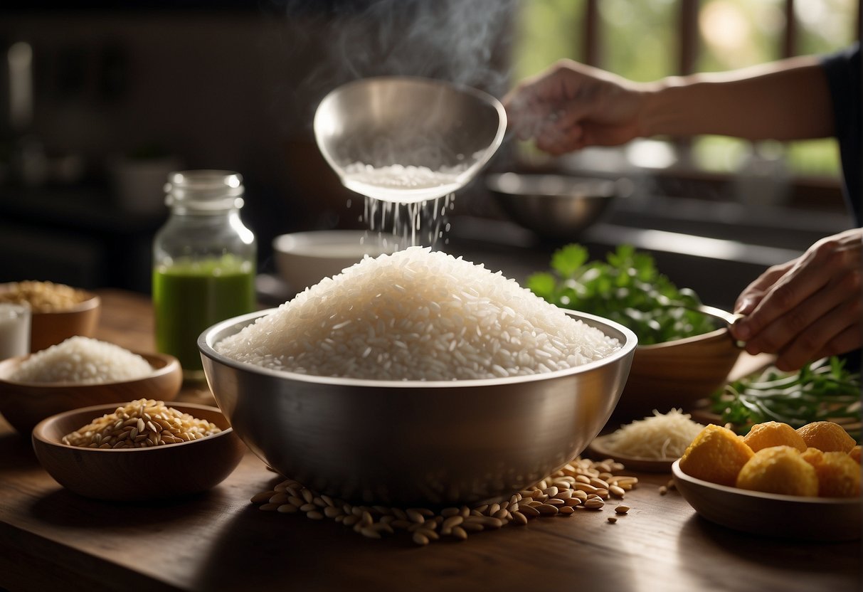 A table with ingredients: glutinous rice, sugar, water, and a mixing bowl. A chef's hand stirring the mixture. A steamer in the background