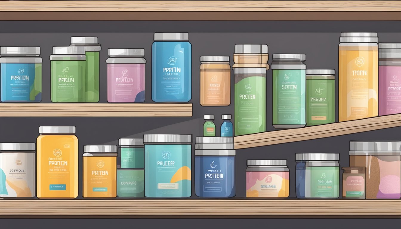 A hand reaches for a variety of protein powder containers on a shelf, with different flavors and labels. Online store logo visible
