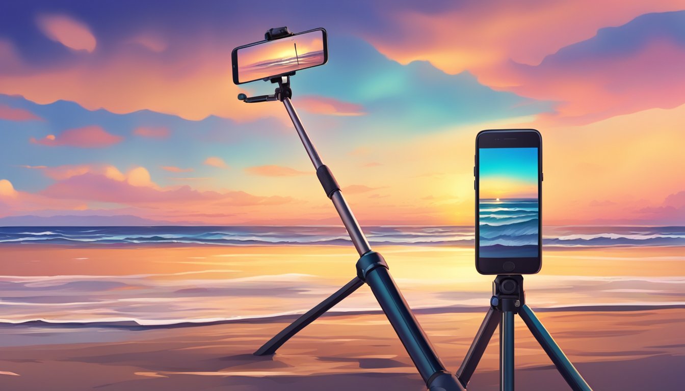 A selfie stick tripod standing on a beach at sunset, capturing the vibrant colors of the sky and the calm waves crashing on the shore