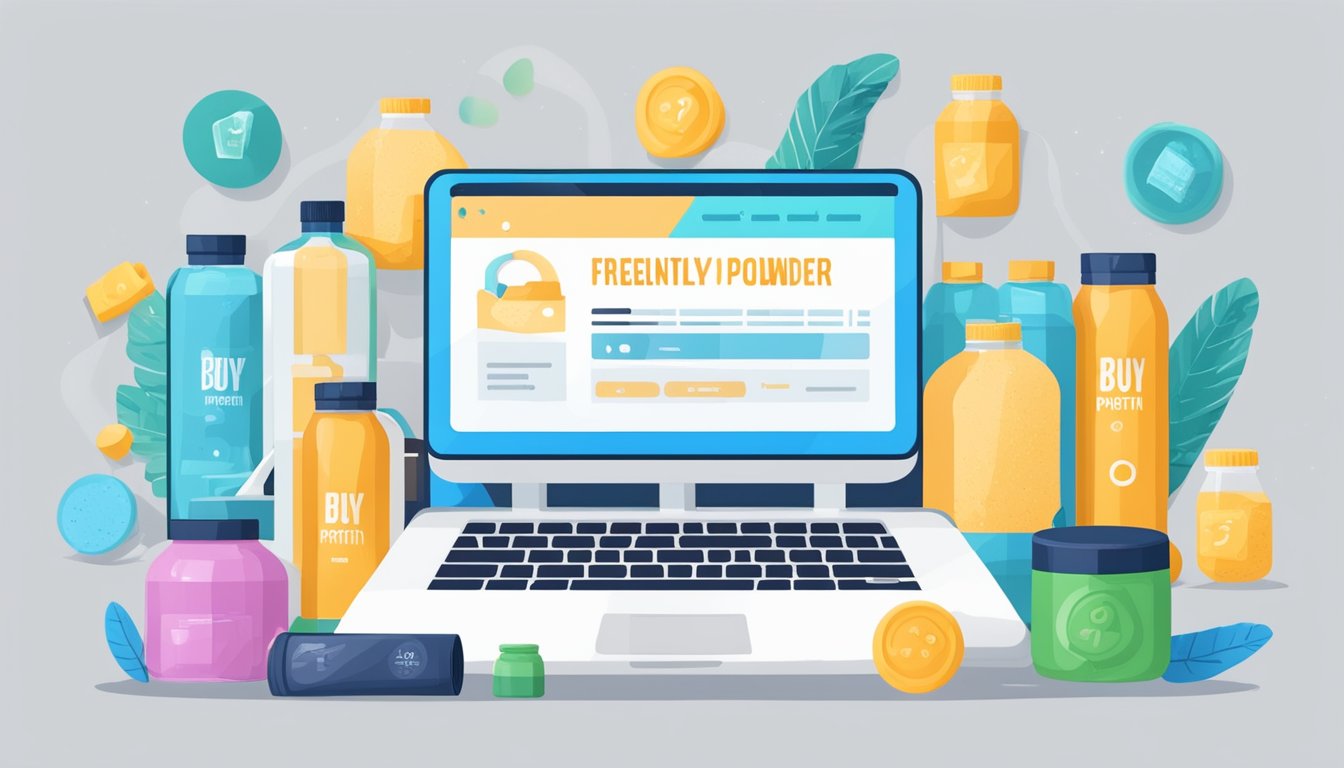 A computer screen displaying a website with the title "Frequently Asked Questions buy protein powder online" surrounded by various protein powder containers and fitness equipment