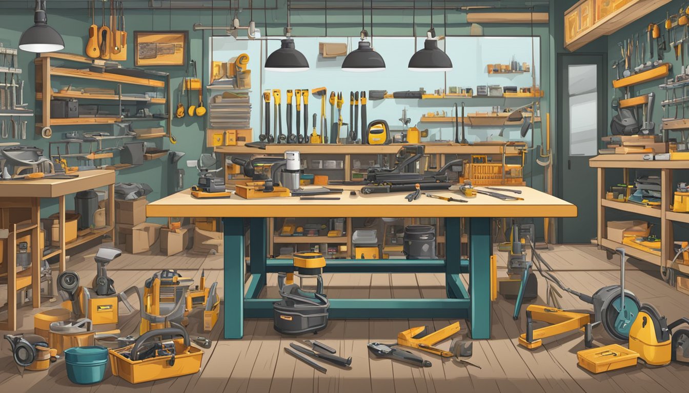 A table with various tools and equipment, a sign reading "Frequently Asked Questions buy tools singapore" in a hardware store