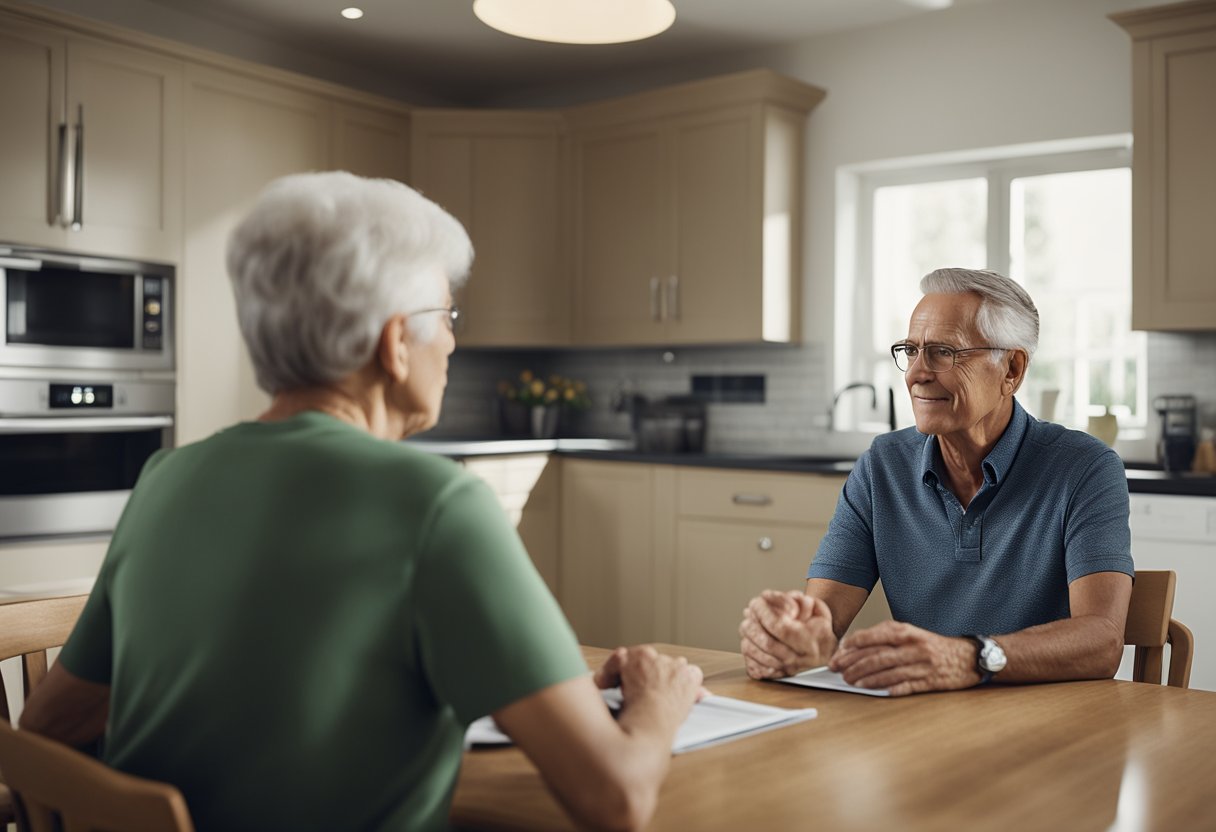 A middle-aged person sits at a kitchen table, calmly explaining options to their concerned parents. A brochure on assisted living facilities is open in front of them
