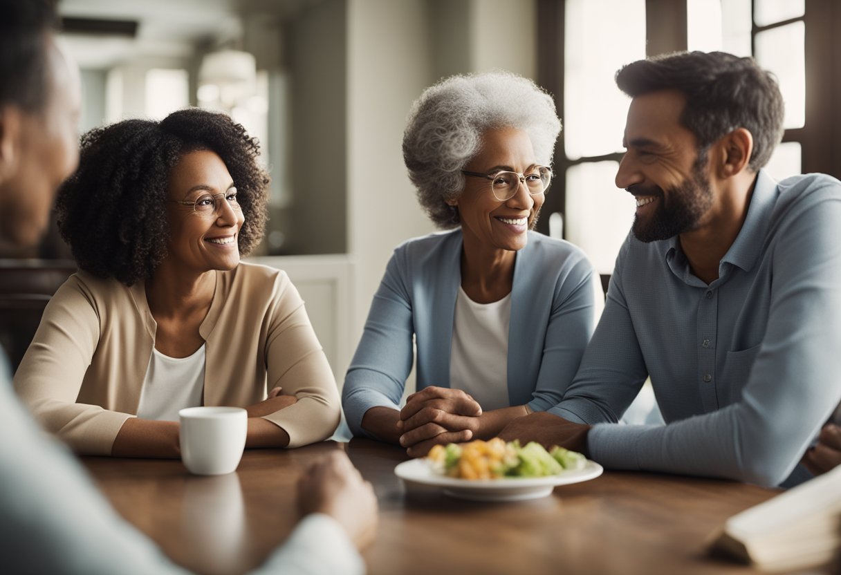 A family sits around a table, discussing options for assisted living. They are engaged in a thoughtful conversation, with open body language and a supportive atmosphere