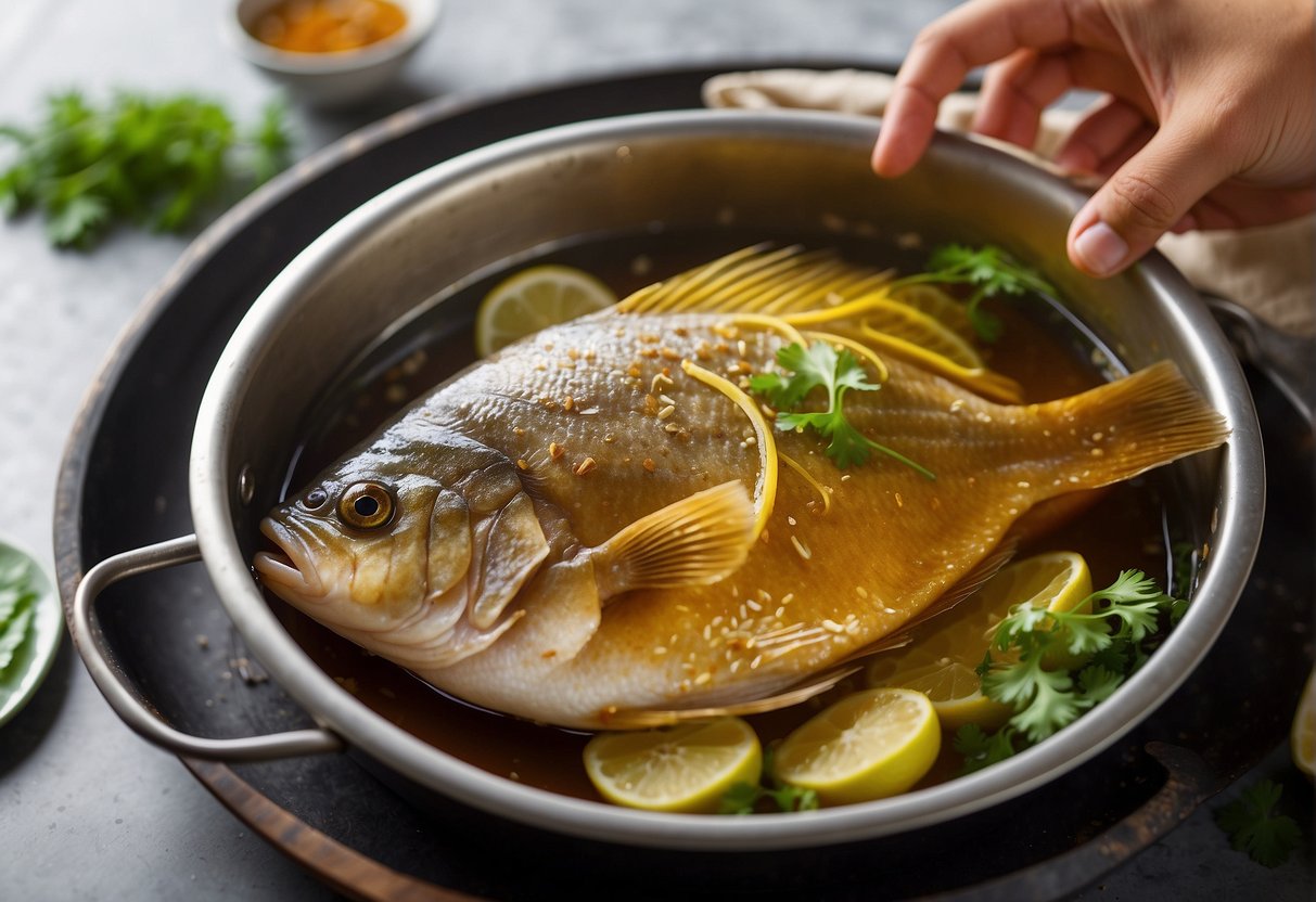 A whole golden pomfret fish being marinated in a mixture of soy sauce, ginger, and garlic, ready to be steamed and served with a garnish of scallions and cilantro
