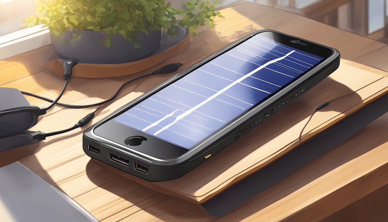 A solar charger for iPhone sits on a table, with the sun shining down on it, powering the device