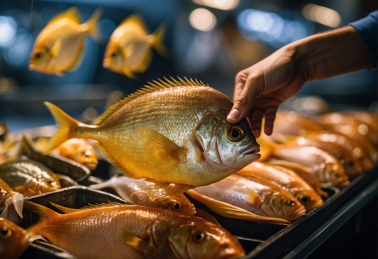 A hand reaches for a fresh golden pomfret from a display of seafood. The fish glistens in the light, its scales shimmering with a golden hue