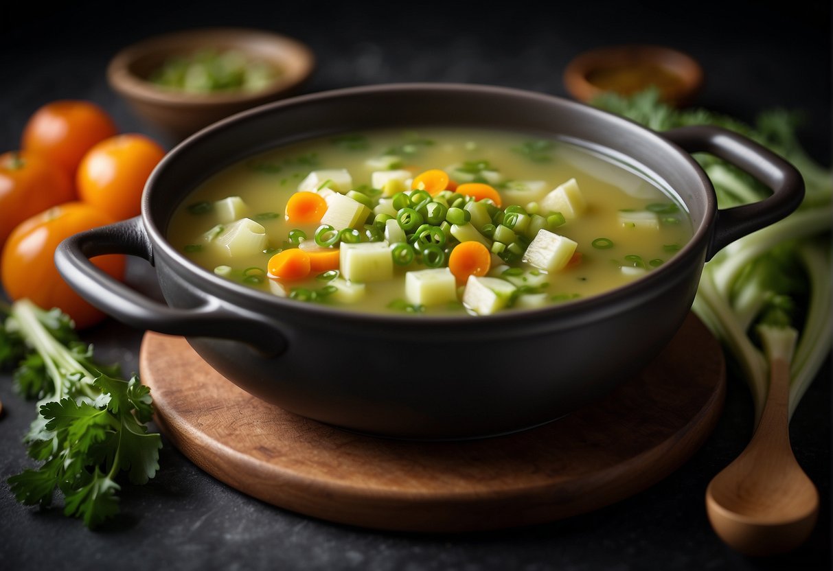 A pot of simmering Chinese celery soup with diced vegetables and savory broth