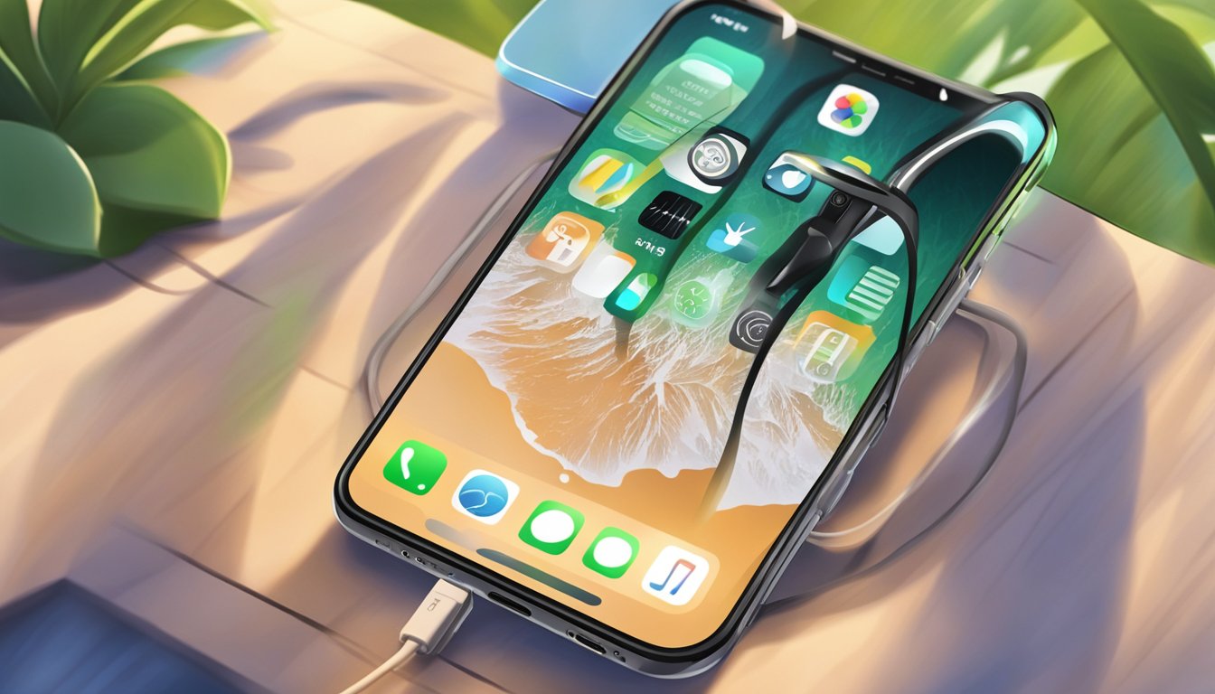 The iPhone is connected to a solar charger, absorbing sunlight outdoors