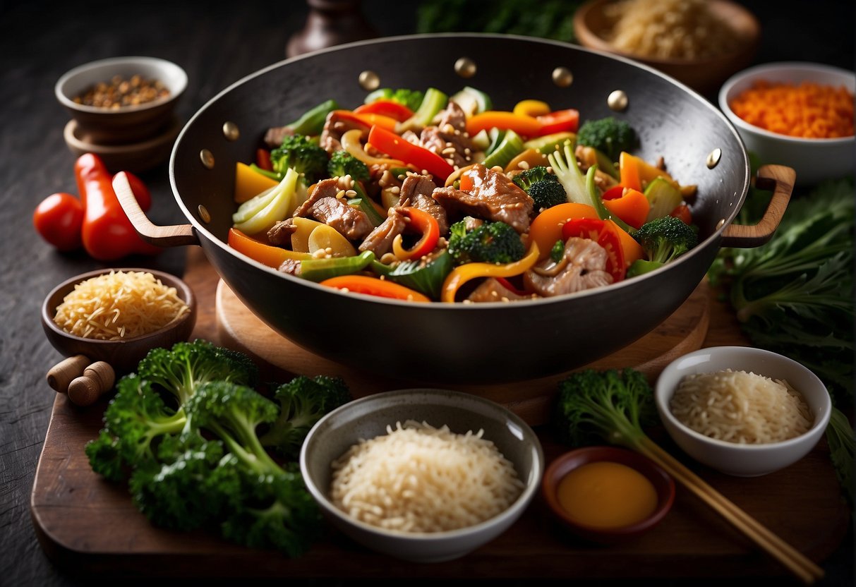 A sizzling wok filled with colorful stir-fried vegetables, aromatic spices, and tender strips of marinated meat, surrounded by traditional Chinese cooking utensils and fresh ingredients