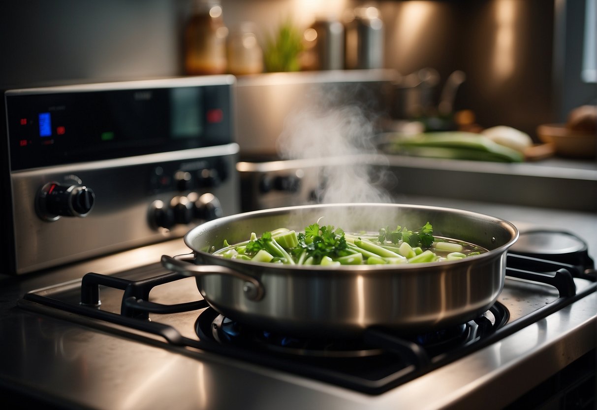 A pot simmering on a stovetop with Chinese celery, broth, and other ingredients, steam rising and filling the kitchen