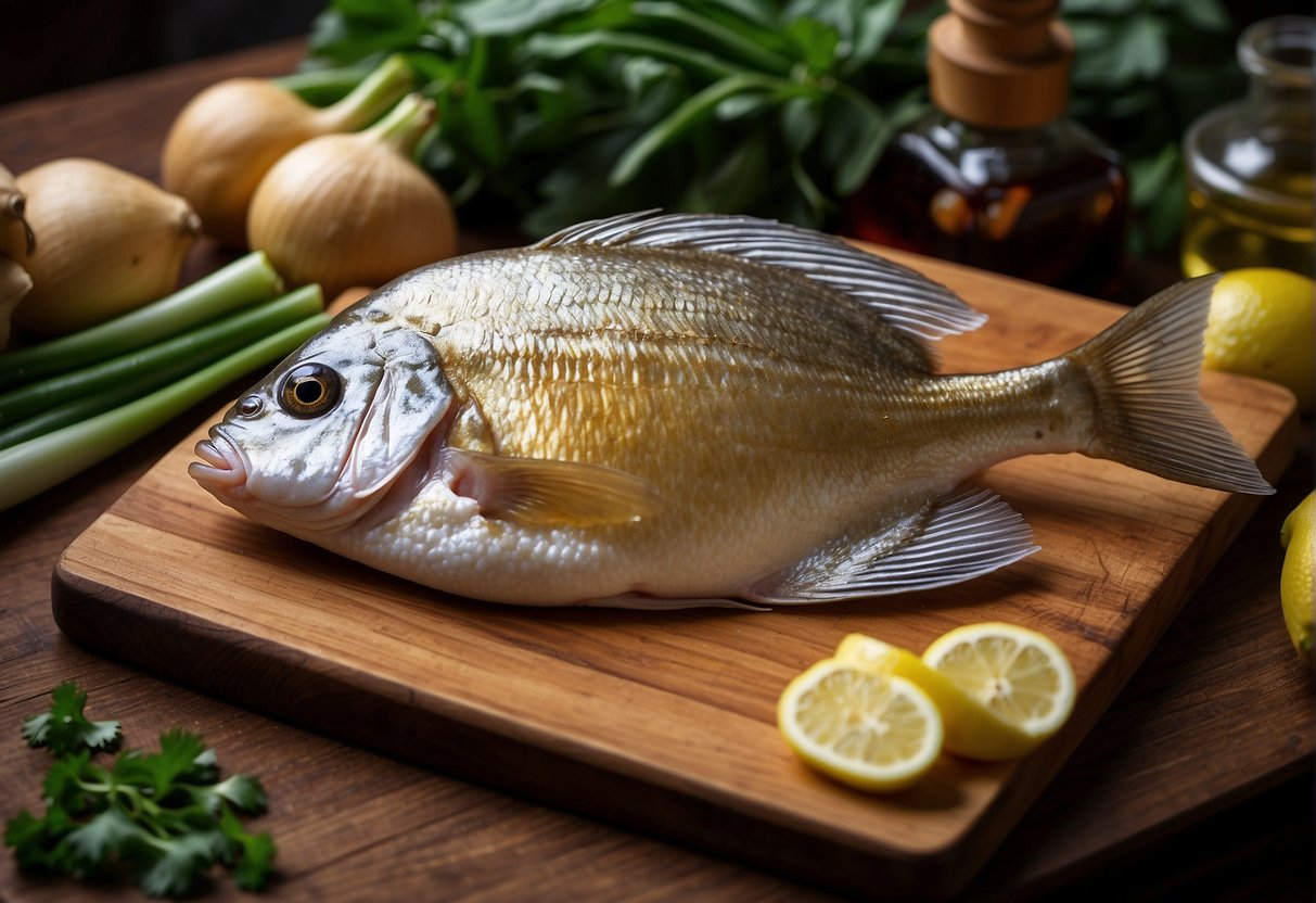 A golden pomfret lies on a cutting board surrounded by fresh ginger, scallions, and soy sauce, ready to be prepared in a Chinese recipe