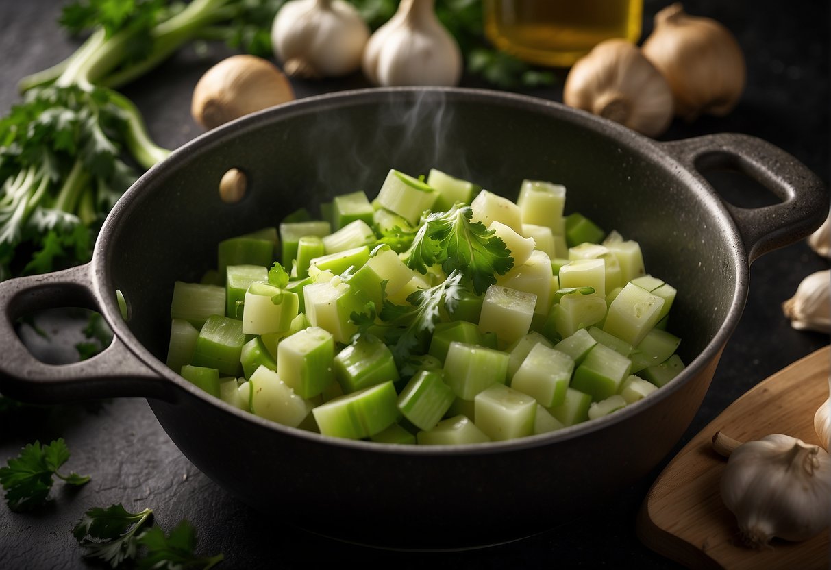 Chopped celery, ginger, and garlic sautéing in a pot with broth and seasoning. Ingredients laid out on a counter nearby