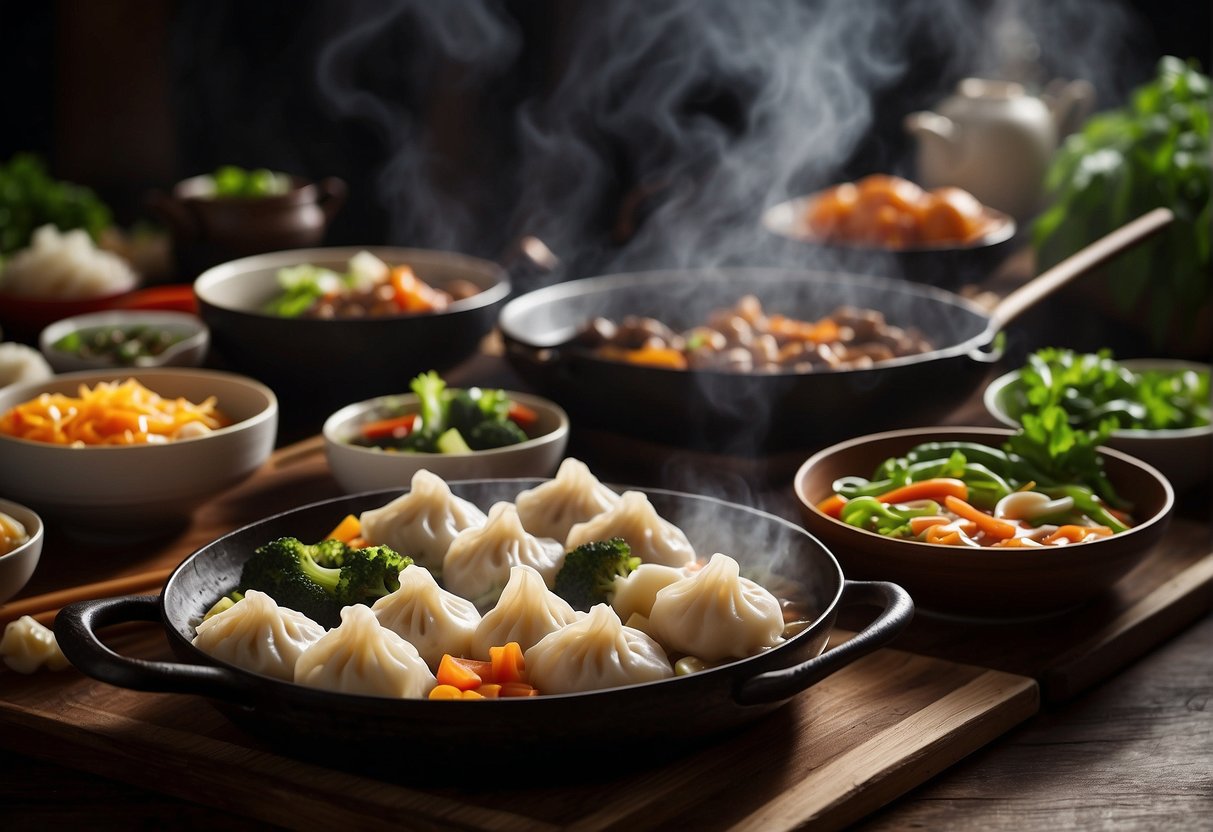 A table set with iconic Chinese dishes: steaming dumplings, sizzling wok stir-fry, and colorful vegetable dishes