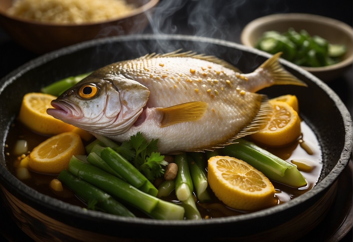 Golden pomfret being steamed in a bamboo steamer, surrounded by ginger, scallions, and soy sauce. A wok sizzling with hot oil awaits the fish for a final touch of crispy skin