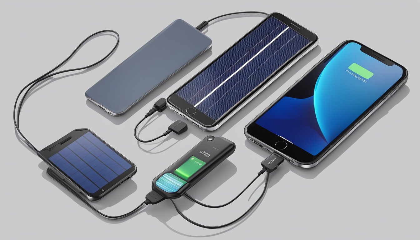 A solar charger for iPhone is displayed in a Best Buy store, with technical insights and a shopping guide featured prominently