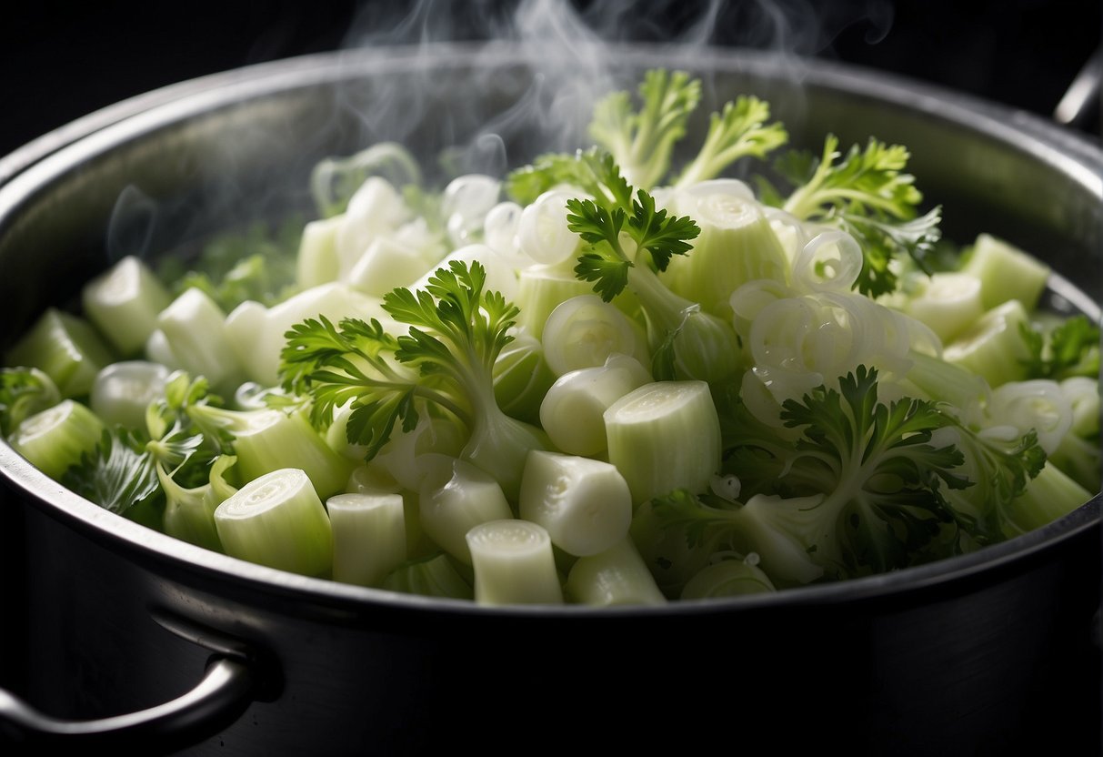 Chinese celery, garlic, and broth swirl in a pot. Steam rises as the ingredients blend for smoothness