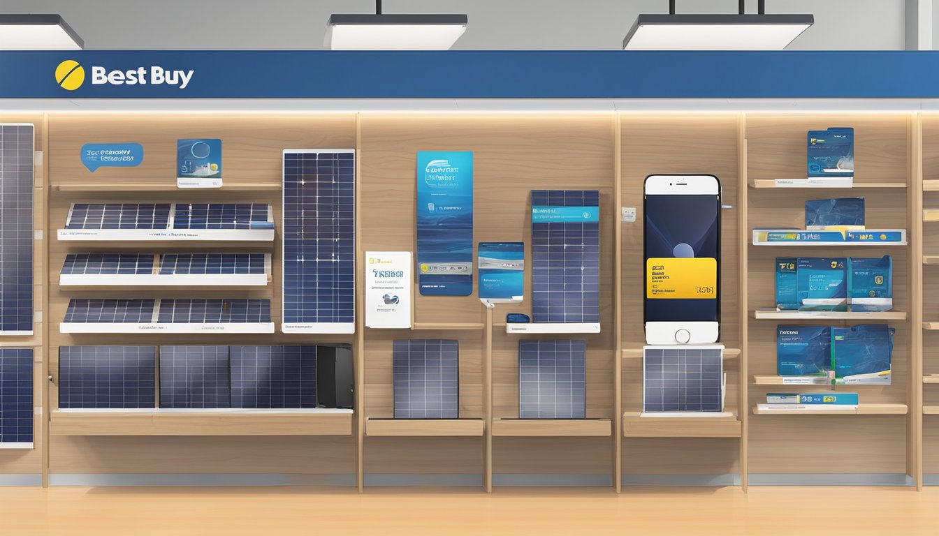 A solar charger for iPhone displayed on a shelf at Best Buy with a prominent "Frequently Asked Questions" sign next to it