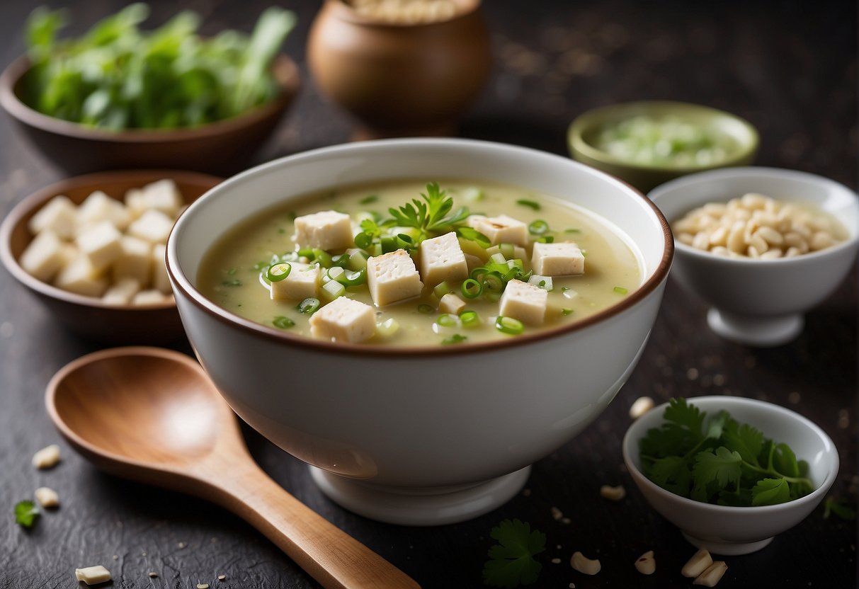 Chinese celery soup surrounded by diced tofu, sliced shiitake mushrooms, and chopped scallions. A sprinkle of white pepper and a drizzle of sesame oil add the finishing touches