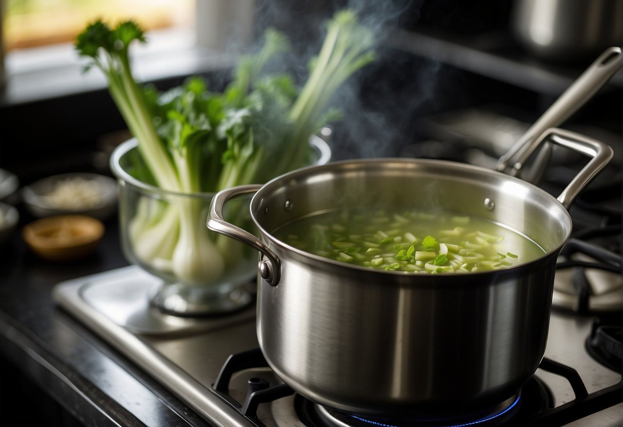 A pot simmers on the stove, filled with Chinese celery soup. Fresh celery, ginger, and garlic float in the fragrant broth