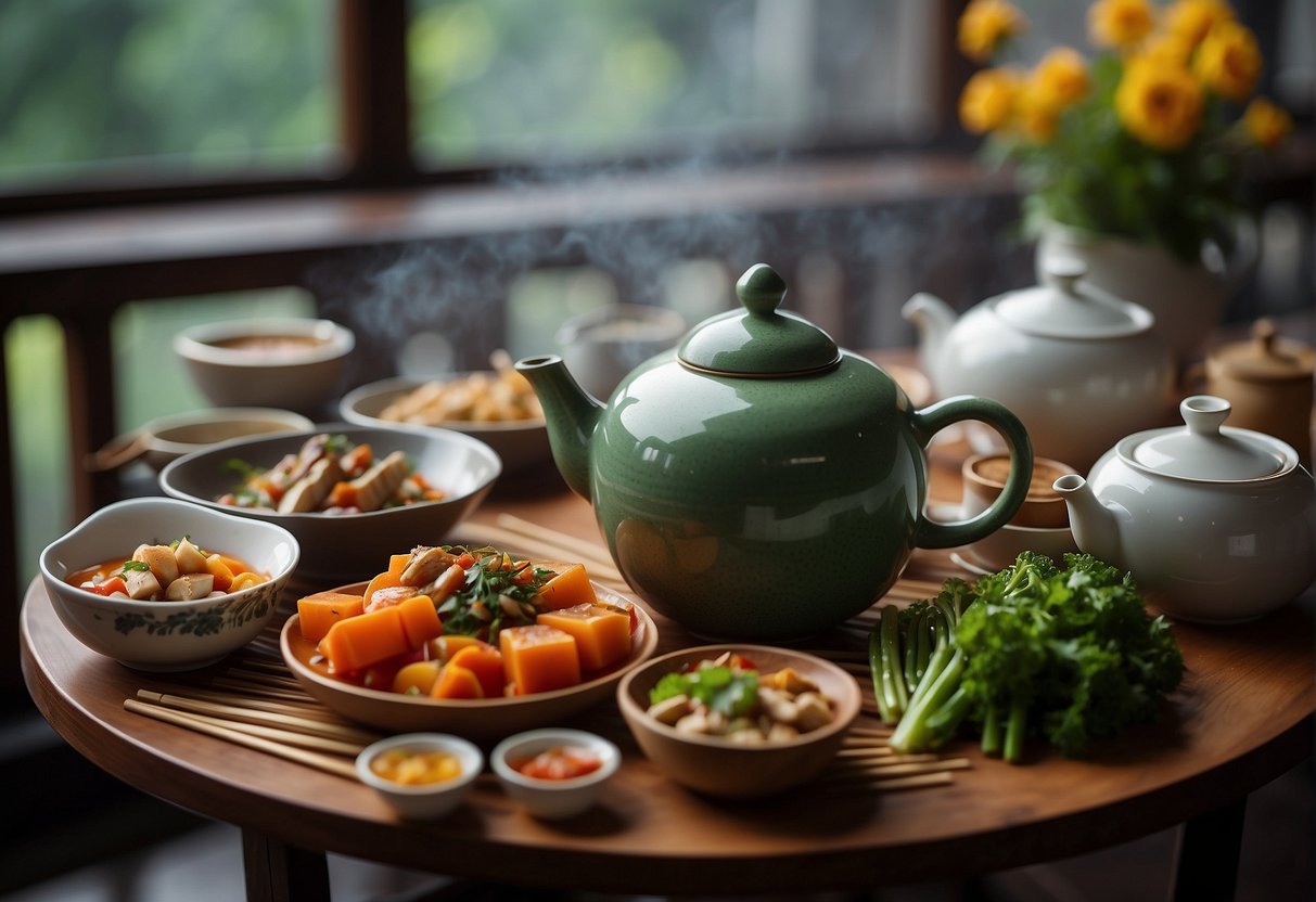 A table set with colorful, aromatic vegetarian Chinese dishes, surrounded by chopsticks and a steaming teapot