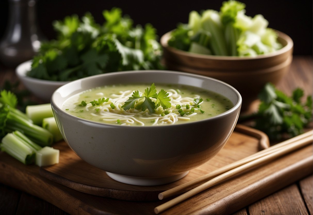 A steaming bowl of Chinese celery soup sits on a wooden table, garnished with fresh cilantro and a sprinkle of sesame seeds. A pair of chopsticks rests on the side, ready for serving
