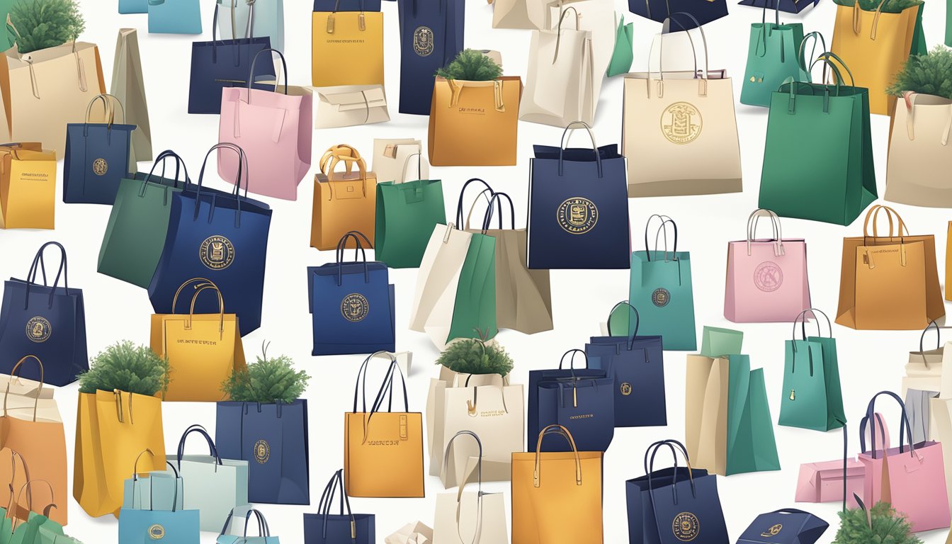 Various luxury brand logos on Takashimaya shopping bags arranged neatly on a white background