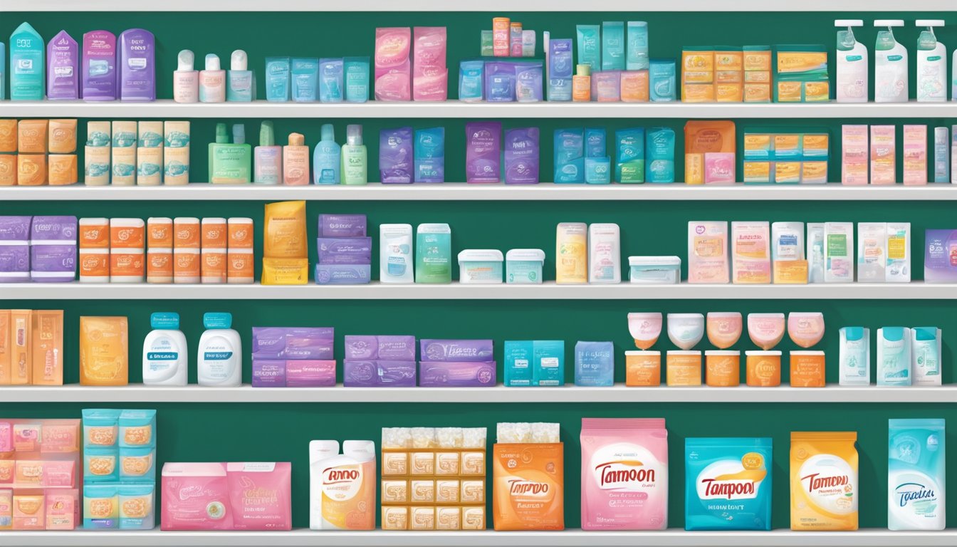 Various tampon brands displayed on shelves in a Singaporean pharmacy