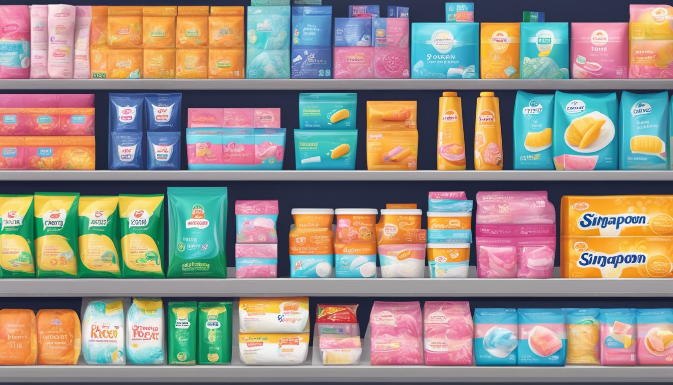 A shelf displaying various tampon brands in a Singaporean convenience store. Bright packaging and different sizes are visible