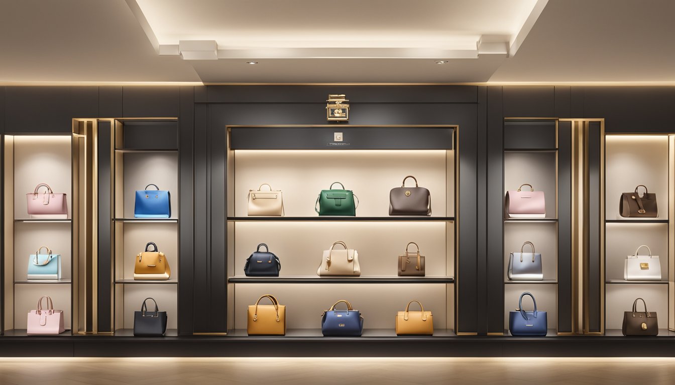Takashimaya's luxury bag brands displayed on sleek shelves with soft spotlighting. Brand logos and exquisite designs stand out