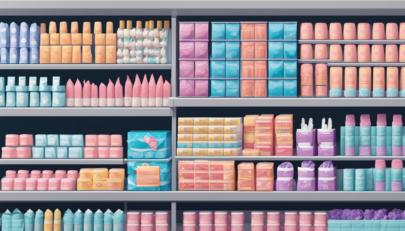 A display of various tampon brands in Singapore, arranged neatly on a shelf with clear labels and packaging
