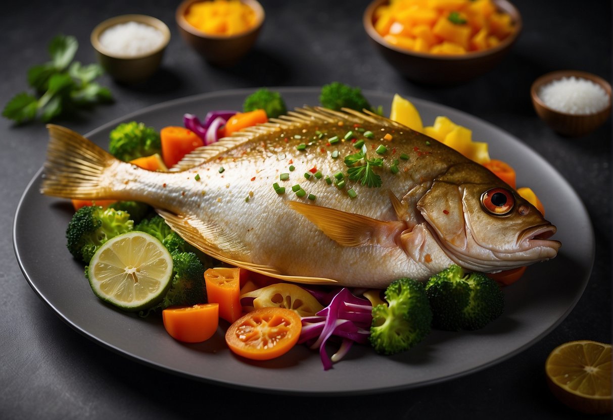 A whole golden pomfret fish is elegantly served on a bed of colorful vegetables, garnished with fresh herbs and a drizzle of savory Chinese sauce