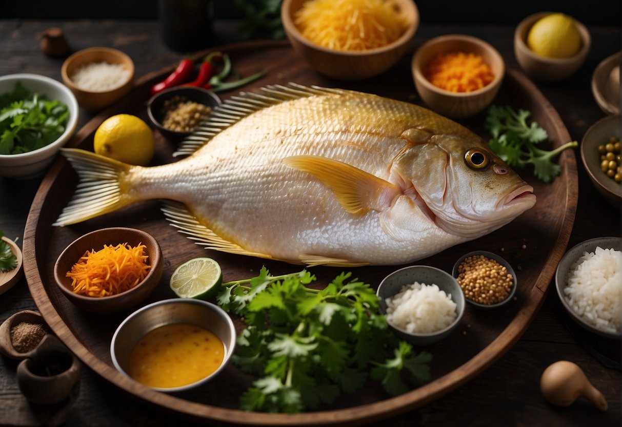 A golden pomfret fish being prepared with Chinese ingredients, surrounded by various cooking utensils and ingredients