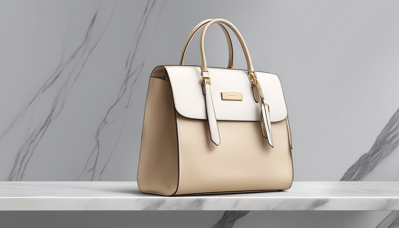 A sleek and elegant Takashimaya bag sits on a marble countertop, showcasing its fine craftsmanship and luxurious style