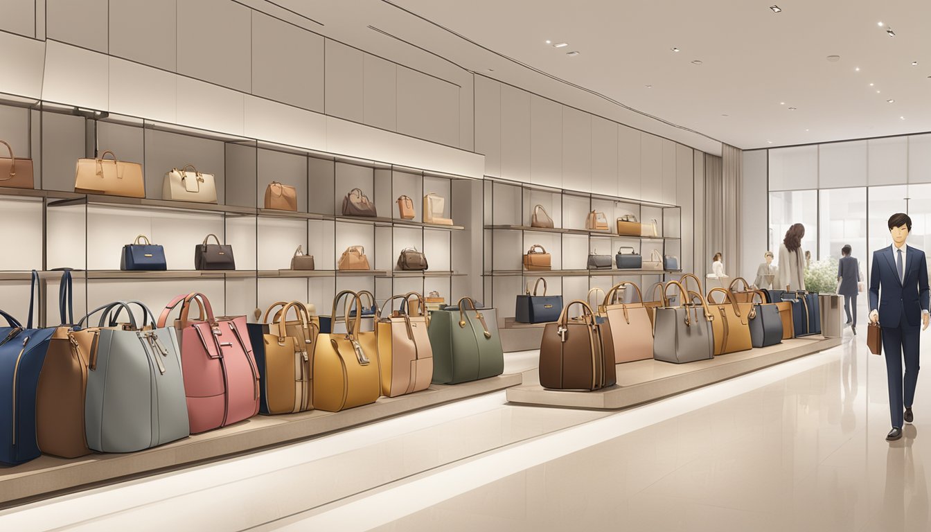 A display of luxury bags from various brands at Takashimaya, with a sign reading "Frequently Asked Questions" prominently placed