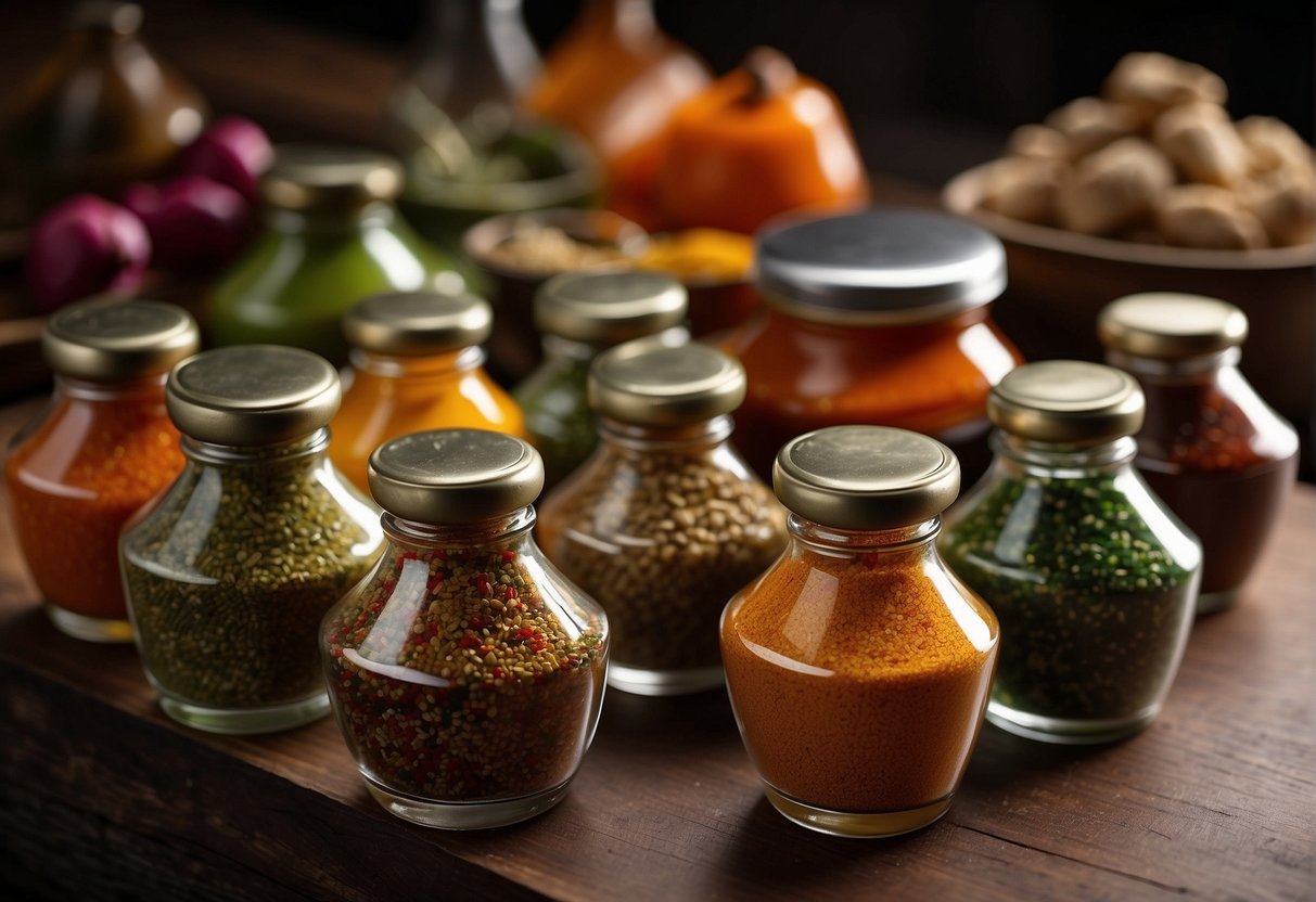 A colorful array of Chinese seasoning and sauces arranged on a wooden table, with vibrant spices, herbs, and condiments in traditional ceramic jars and bottles