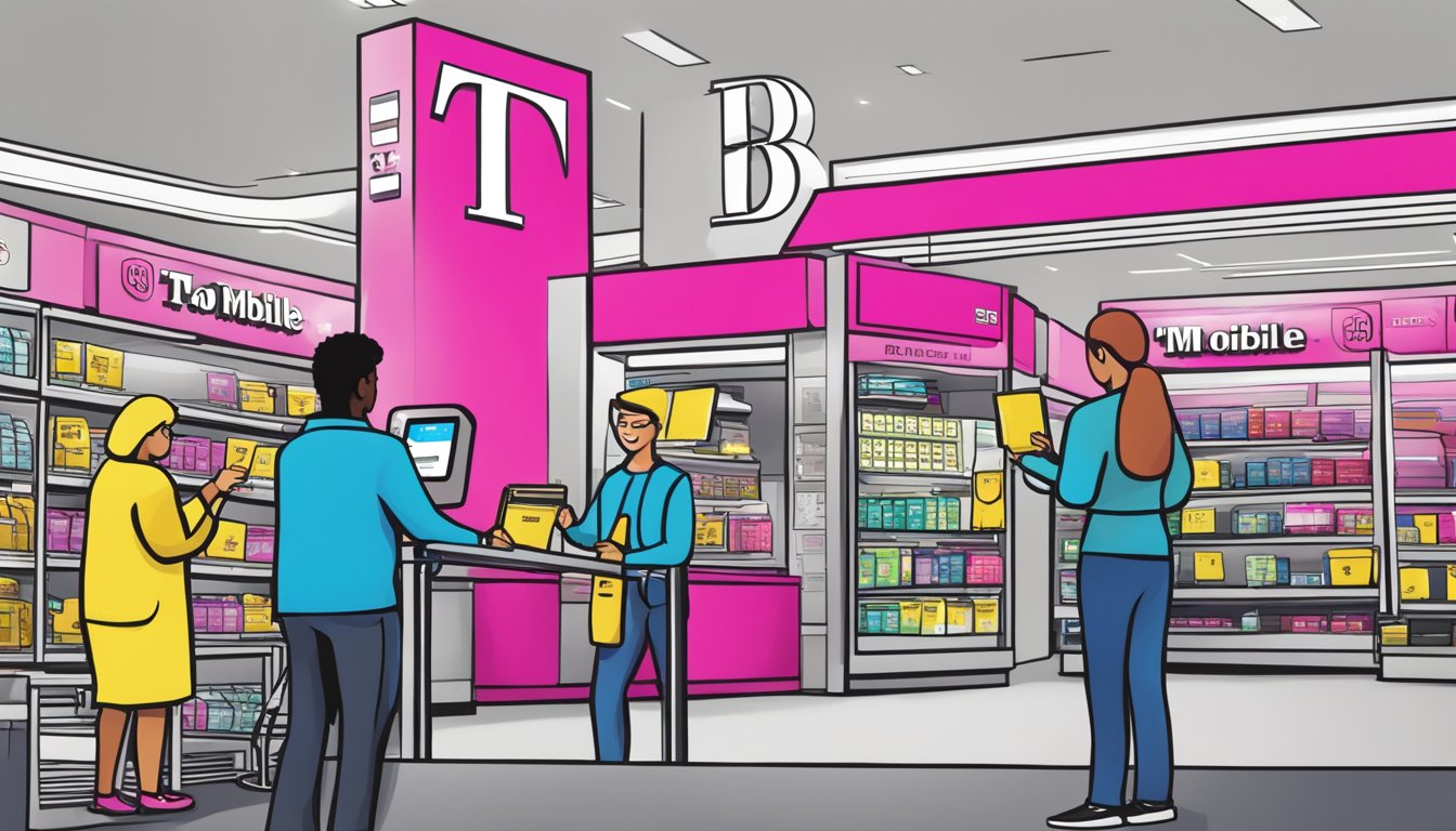 A T-Mobile SIM card being purchased at Best Buy, with a customer handing over payment and receiving the card from the cashier
