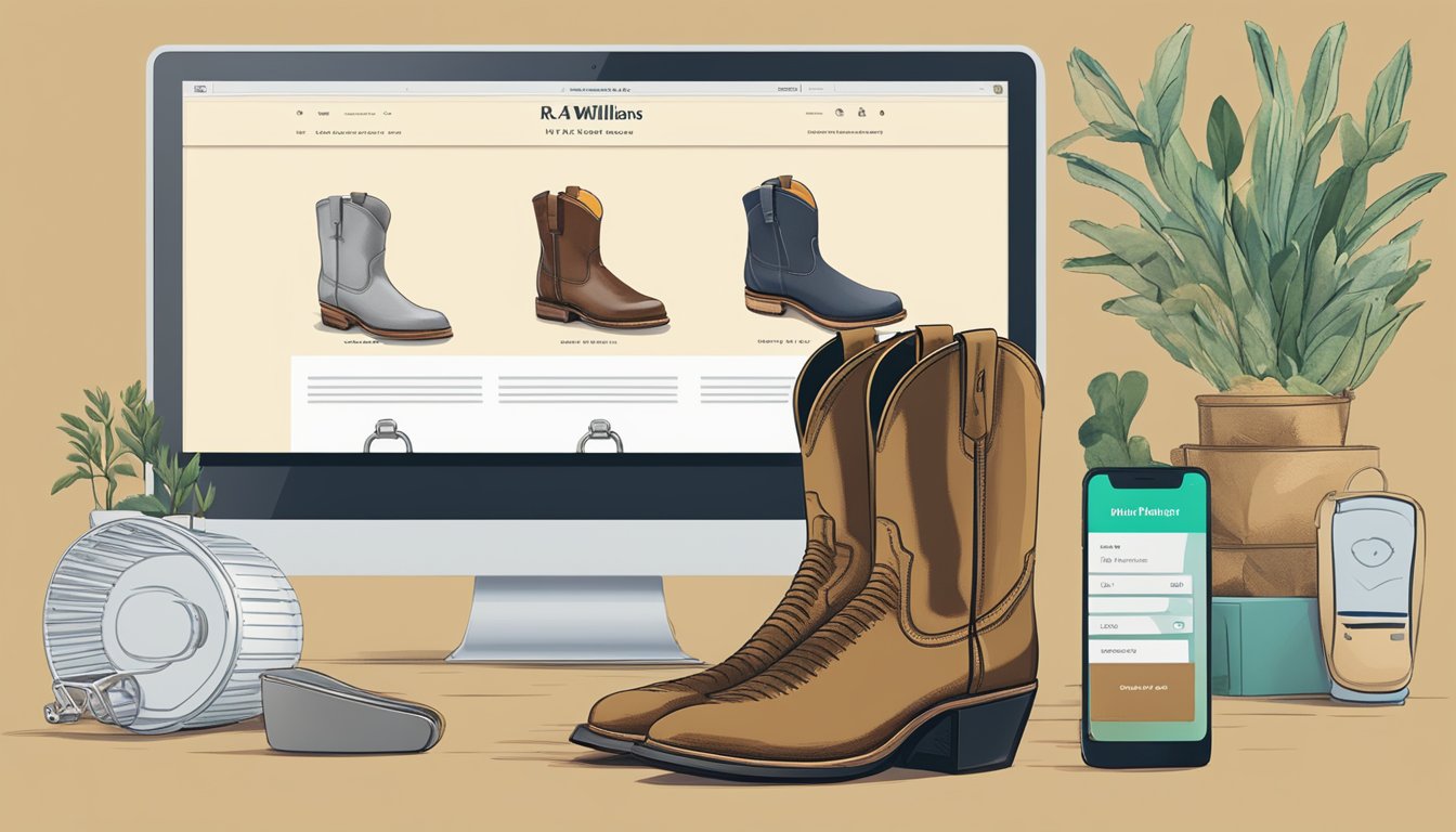 A computer screen displaying a website with the option to "buy RM Williams boots online" with various boot options and a shopping cart icon