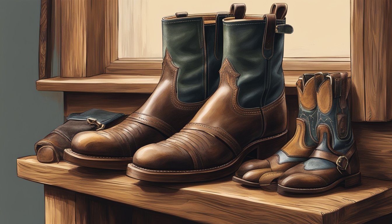A pair of R.M. Williams boots sits on a wooden display stand, surrounded by rustic leather accessories. The boots are well-worn, with distinctive stitching and a weathered patina