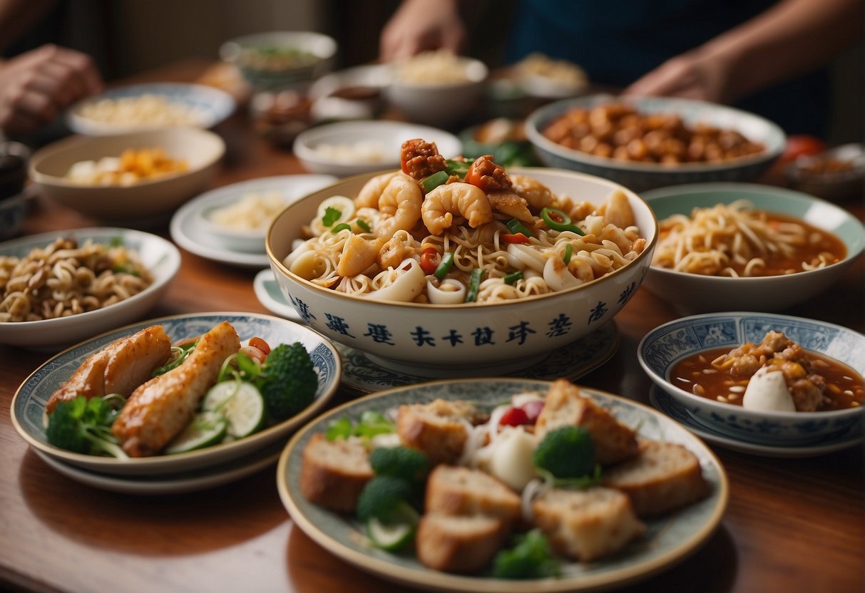 A table filled with various Chinese dishes, surrounded by people with curious expressions, and a sign reading "Frequently Asked Questions gourmet Chinese recipes."