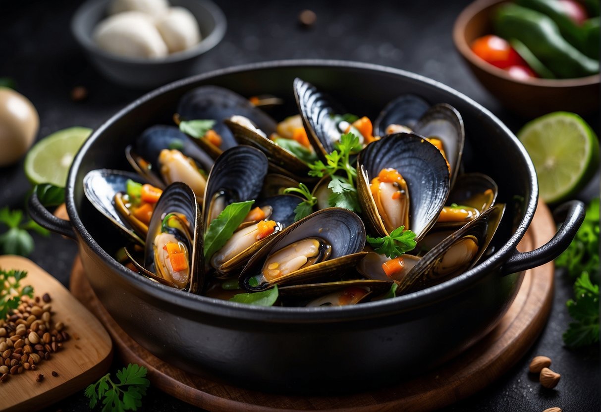 Green mussels simmer in a savory Chinese sauce, surrounded by colorful vegetables and aromatic spices