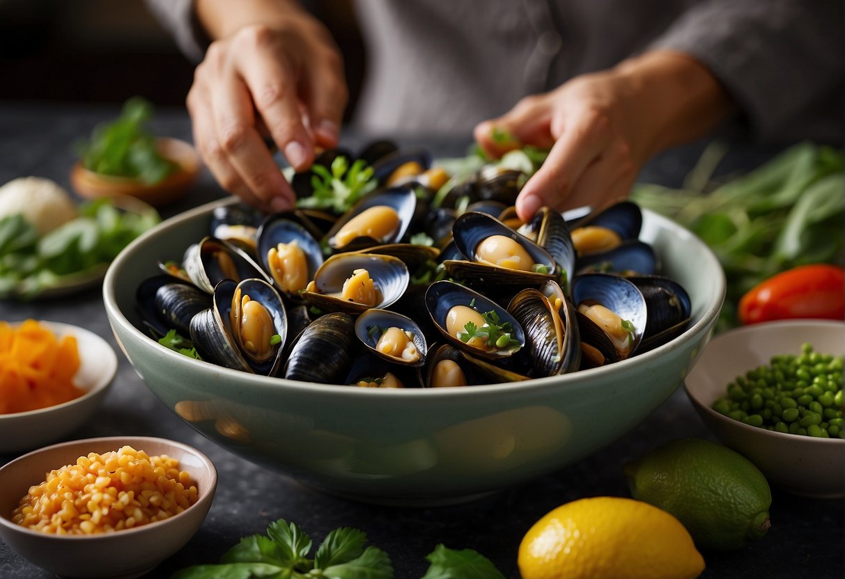 A hand reaches for plump green mussels in a bowl, surrounded by vibrant ingredients for a Chinese recipe