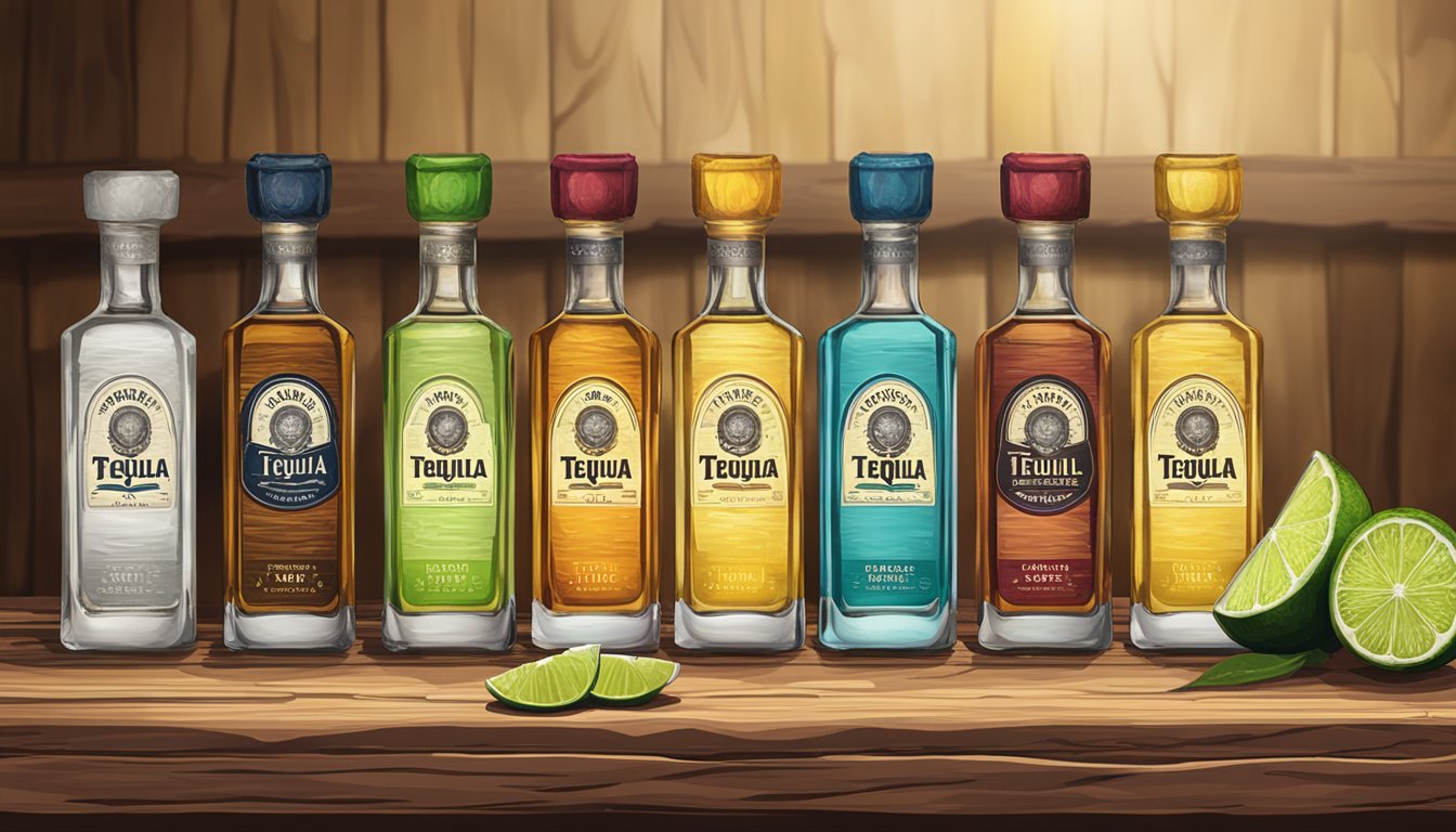 Various tequila shot brands lined up on a rustic wooden bar, with salt and lime slices nearby