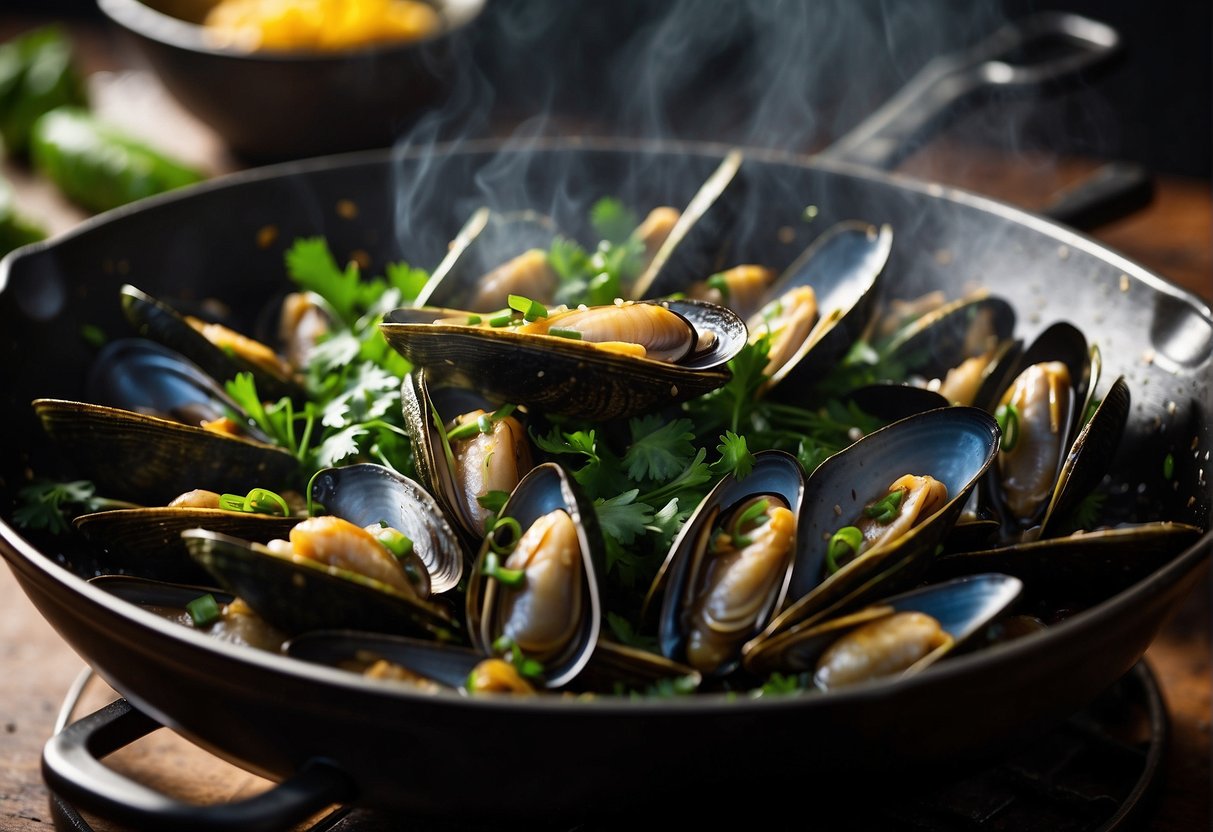 Green mussels sizzling in a wok with ginger, garlic, and soy sauce. Steam rising as they are stir-fried, then garnished with scallions and cilantro