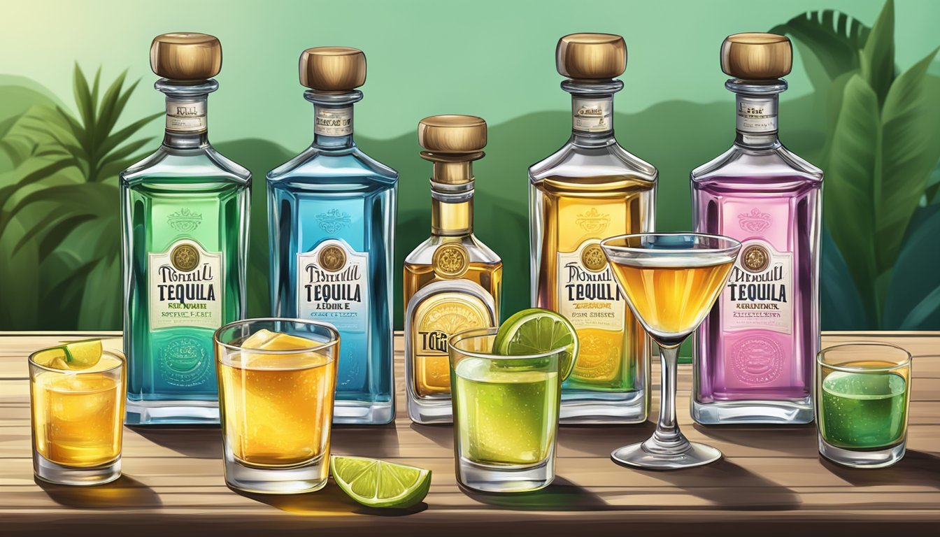 A table with various premium tequila bottles and shot glasses