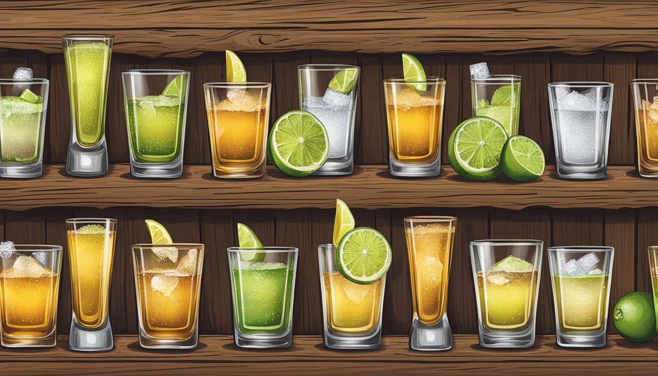 A variety of tequila shot brands displayed on a rustic wooden bar, with salt and lime slices arranged neatly next to them