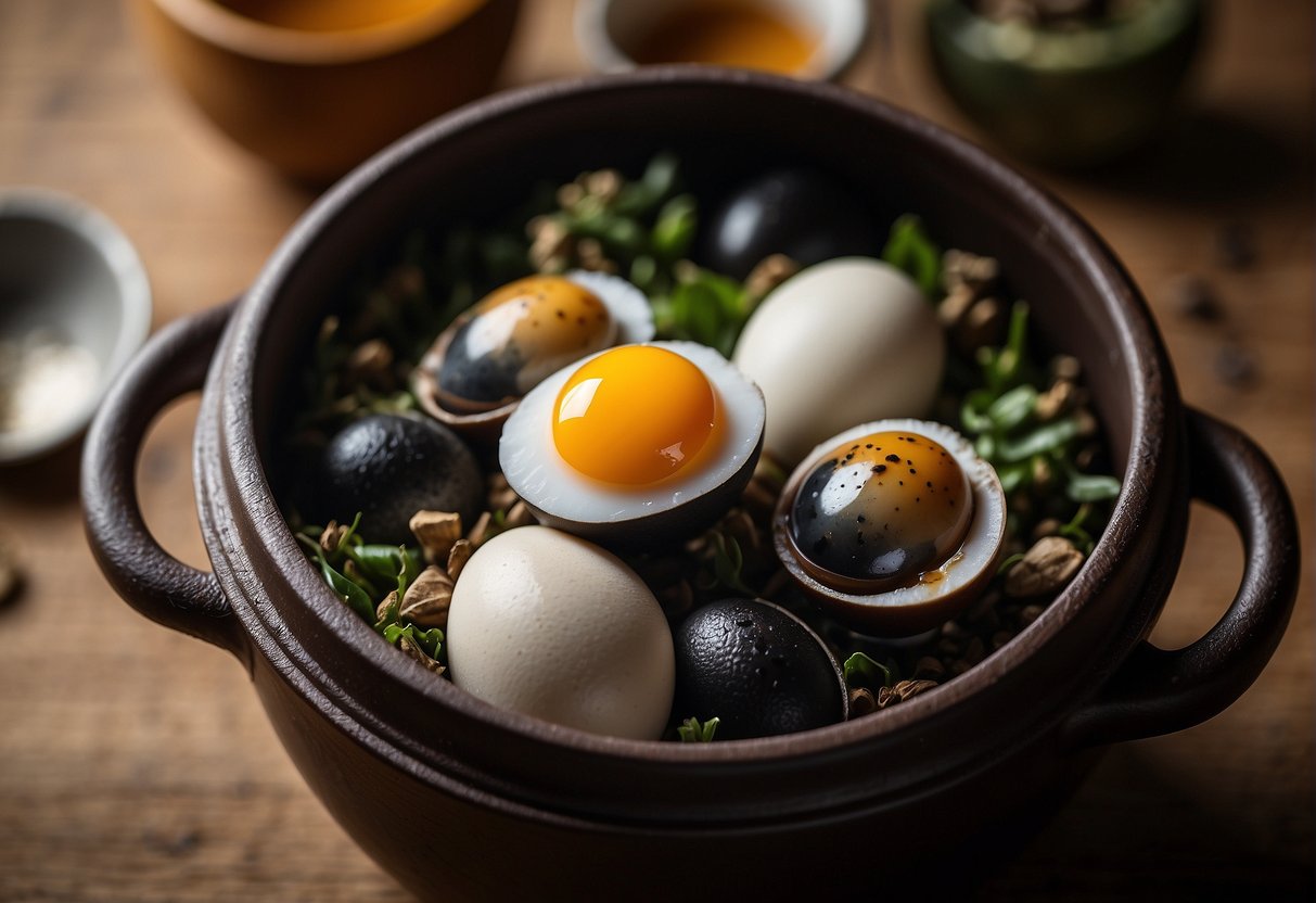 Century eggs sit in a clay pot, surrounded by tea leaves and ash. A cracked shell reveals a translucent, amber-colored egg white and a greenish, creamy yolk