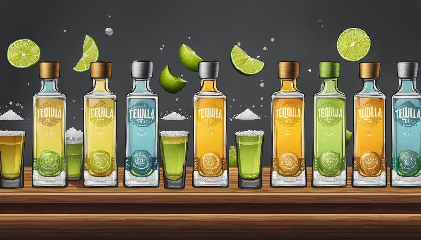 A row of tequila shot glasses with various brand labels, surrounded by lime wedges and salt shakers on a wooden bar counter