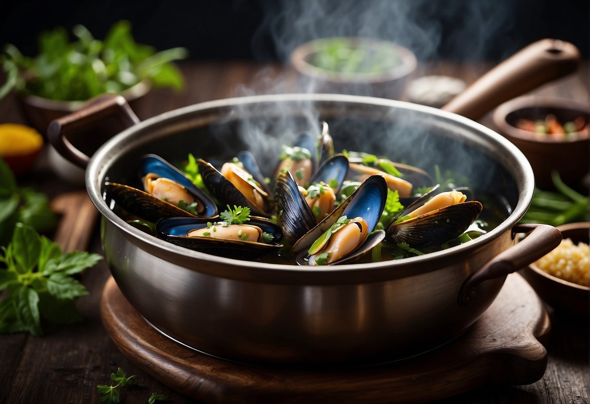 A steaming pot of green mussels simmering in a fragrant Chinese sauce, surrounded by vibrant herbs and spices