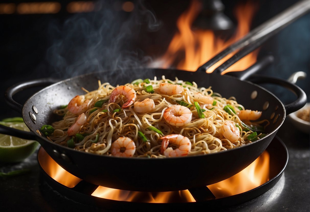 A wok sizzles as a chef stir-fries flat rice noodles with soy sauce, garlic, shrimp, and bean sprouts for a Chinese char kuey teow recipe